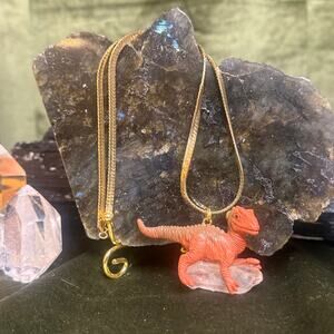 Handmade Upcycled Dinosaur Necklace Vintage Chain Clear Quartz Crystal Gift